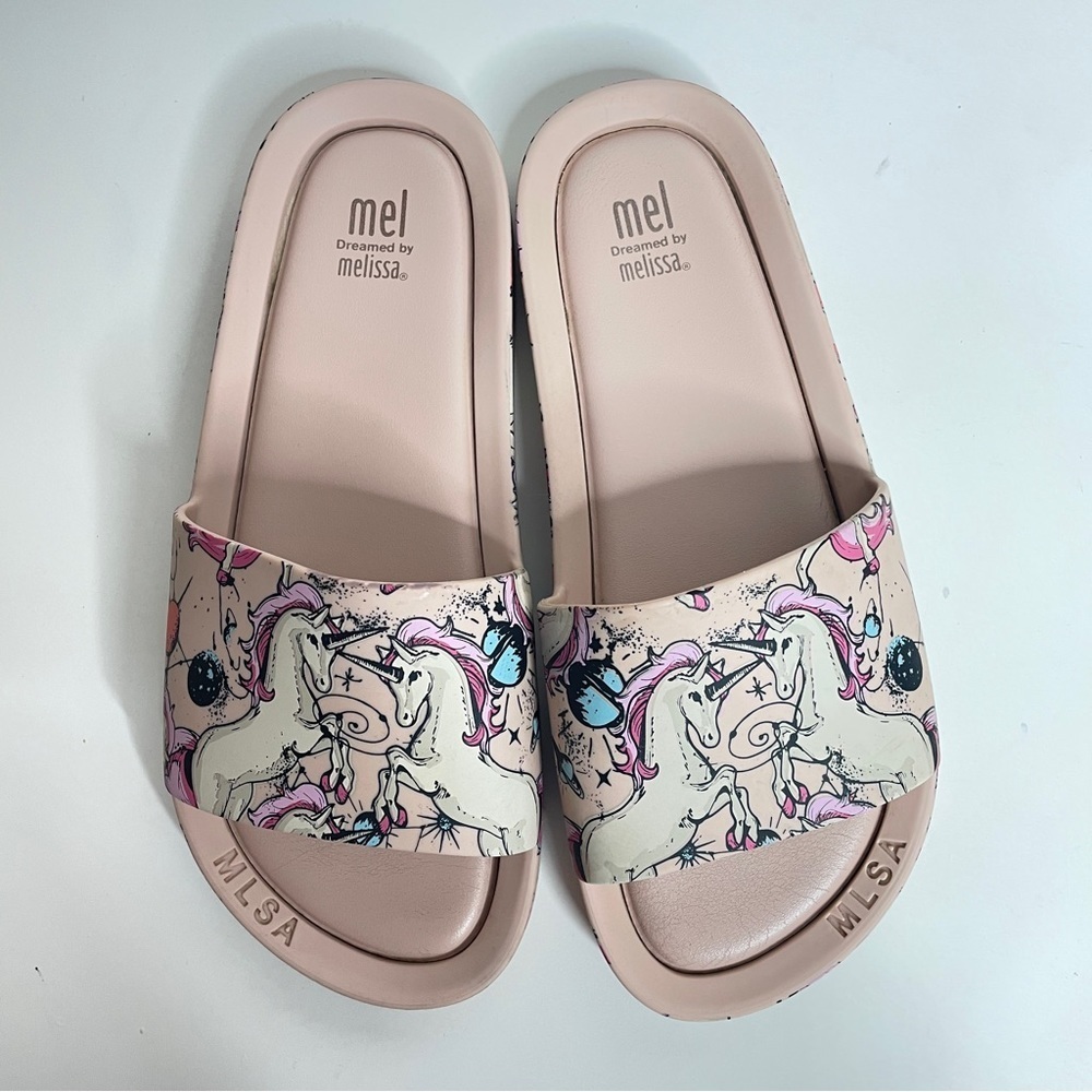 EUC Mel By Melissa Slides Girls Unicorn Pink Sandals Size 3 Dreamed by Melissa